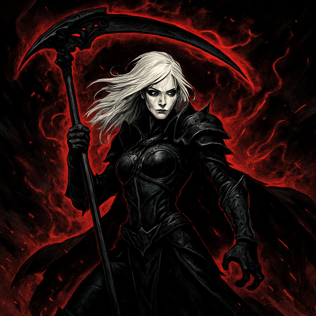 Comic-style pale gothic warrior woman anti-hero wielding a scythe with deep red energy