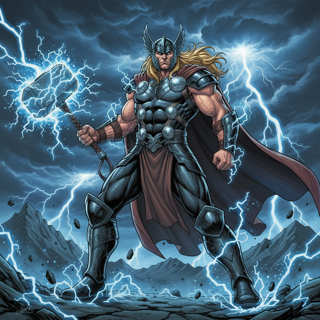 Comic-style warrior god with a glowing hammer crackling with blue lightning
