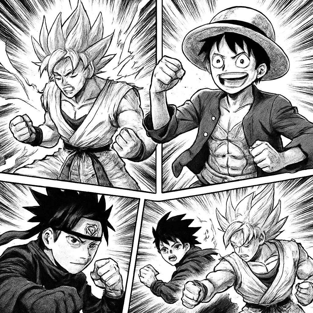 Black and white manga page with dynamic action panels and dramatic anime warrior art