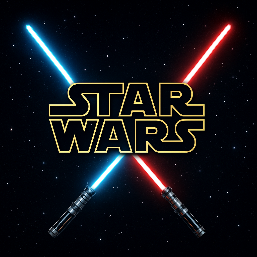 Star Wars themed card with iconic lightsabers and space background